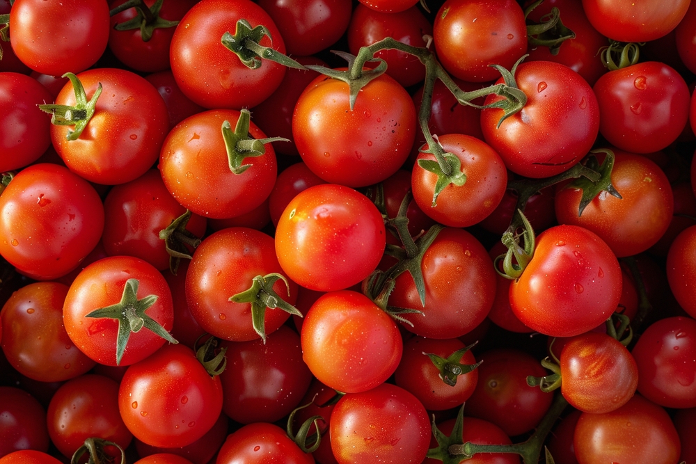 Bulk, small, firm vine tomatoes with stalks on have skin benefits.